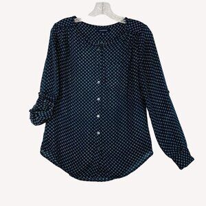 Lands End Womens Blouse Blue Kerchief Dot Petit Size 6 Button Up Roll Tab Sleeve